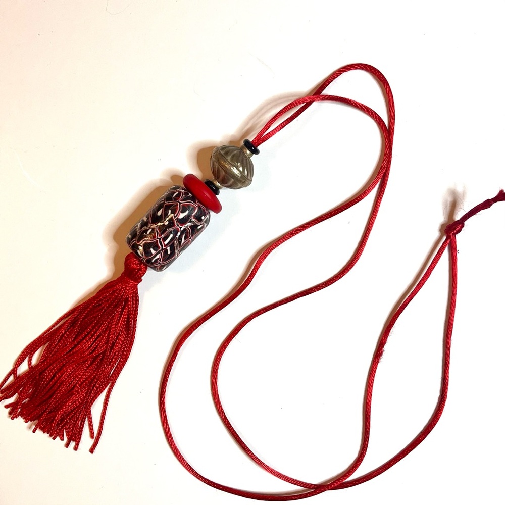 Handcrafted Red Tassel Necklace with Black, Grey And Silver Beads Long, New